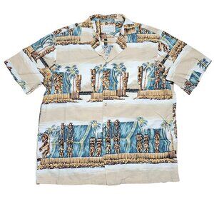 Kalaheo RJC Hawaiian Aloha Shirt Tiki Gods Button Up Large Tan Beige